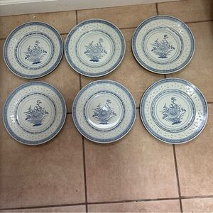 Set of 6 Vintage Jingdezhen Chinese Rice Grain Eye Flower Blue & White Plates 9”